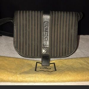 Fendi Vintage Black/Grey Thin Stripe Coated Canvas and Pequin Leather Crossbody